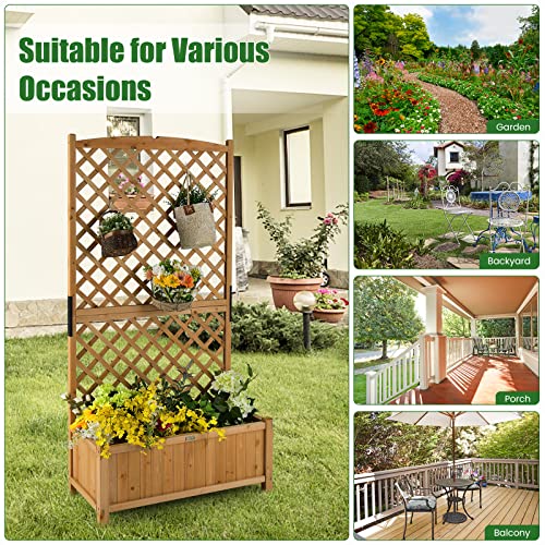 HAPPYGRILL-2-Pcs-Raised-Garden-Bed-71-Garden-Planter-with-Trellis-Drainage-Holes-Freestanding-Garden-Planter-for-Vine-Climbing-Plants-Wooden-Planter-Box-for-Yard-Balcony-Yellow HAPPYGRILL 2 Pcs Raised Garden Bed 71 Garden Planter with Trellis Drainage Holes Freestanding Garden Planter for Vine Climbing Plants Wooden Planter Box for Yard Balcony Yellow