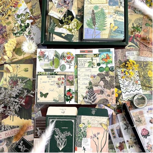 Image of GDNK 346pcs Vintage Journal Scrapbook Pack Kit for Art Journaling Bullet, Planners DIY Paper Stickers, Craft Kits Notebook, Collage Album Aesthetic Sticker (Moonlight) (Green)
