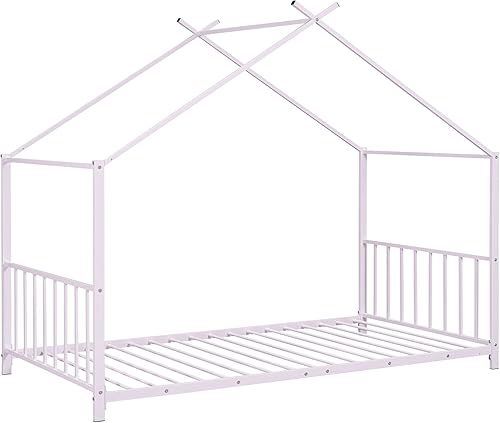 Miniatura 73 de Cama de casa de tamaño individual con diseño de valla y techo, marco de cama de metal, marco de cama de piso doble, base de cama Montessori de Color