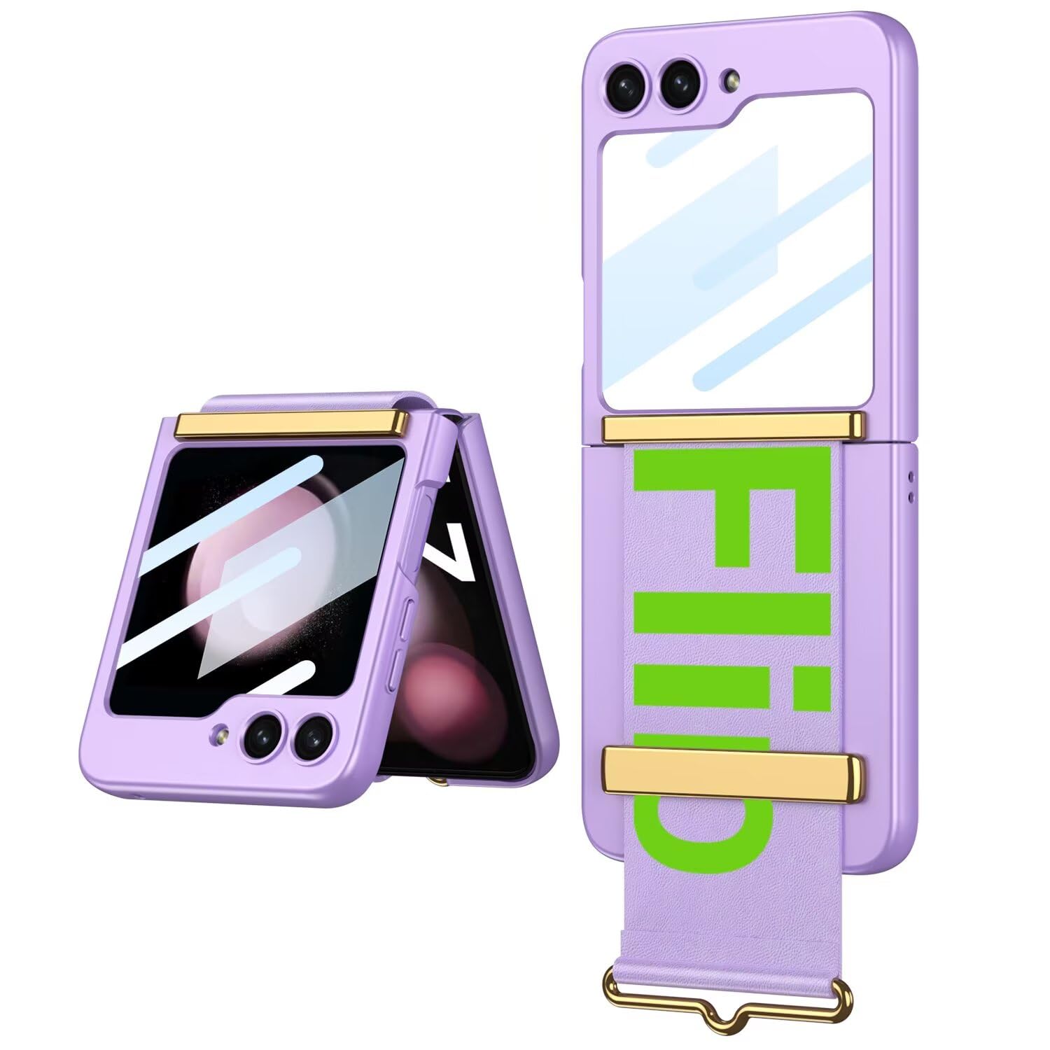 Jeelar ESONG Handyhülle für Samsung Galaxy Z Flip7 mit Leder-Armbandhalter,Ultradünne Handschlaufe Hart Schutzhülle mit Ständer,PC Kratzfest Stoßfest Case mit Displayschutzfolie/Scharnierschutz-Lila