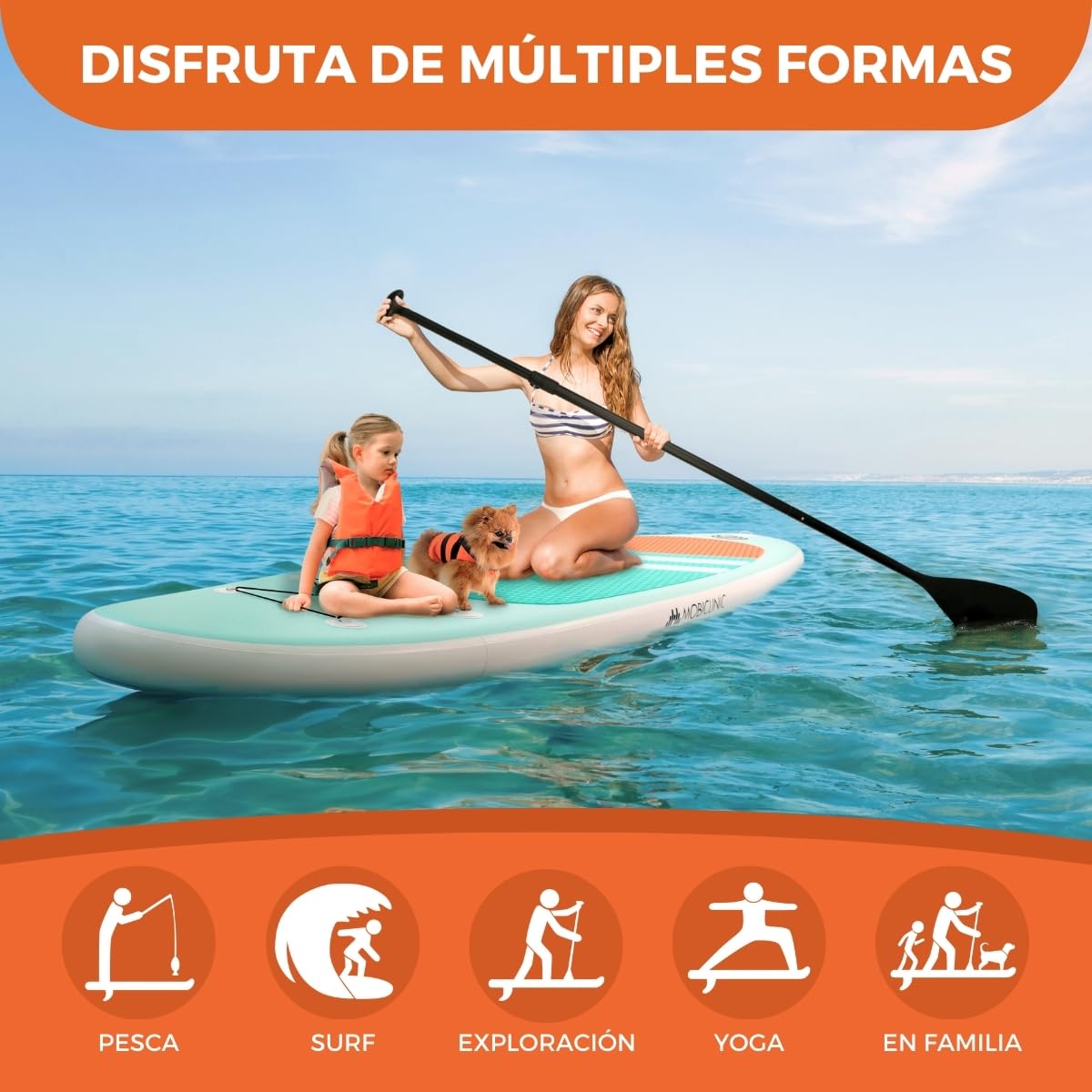 Mobiclinic®, Tabla de Paddle Surf, Hinchable, Incluye Bomba, Mochila, Remo Ajustable, Funda para móvil, Kit reparación, 315x78x15 cm, Plegable, Niños, Adultos y Mascotas, hasta 150kg
