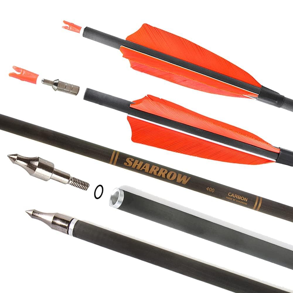 SHARROW 35 Pouces Flèche de Carbone Spine 400 Flèches de Chasse Flèche Arc Flèche Carbone avec 4" Plumes Naturelles pour Tir à l'arc ​Arc Classique Arc A Poulies Longbow Arc de Chasse (Orange, 12p)