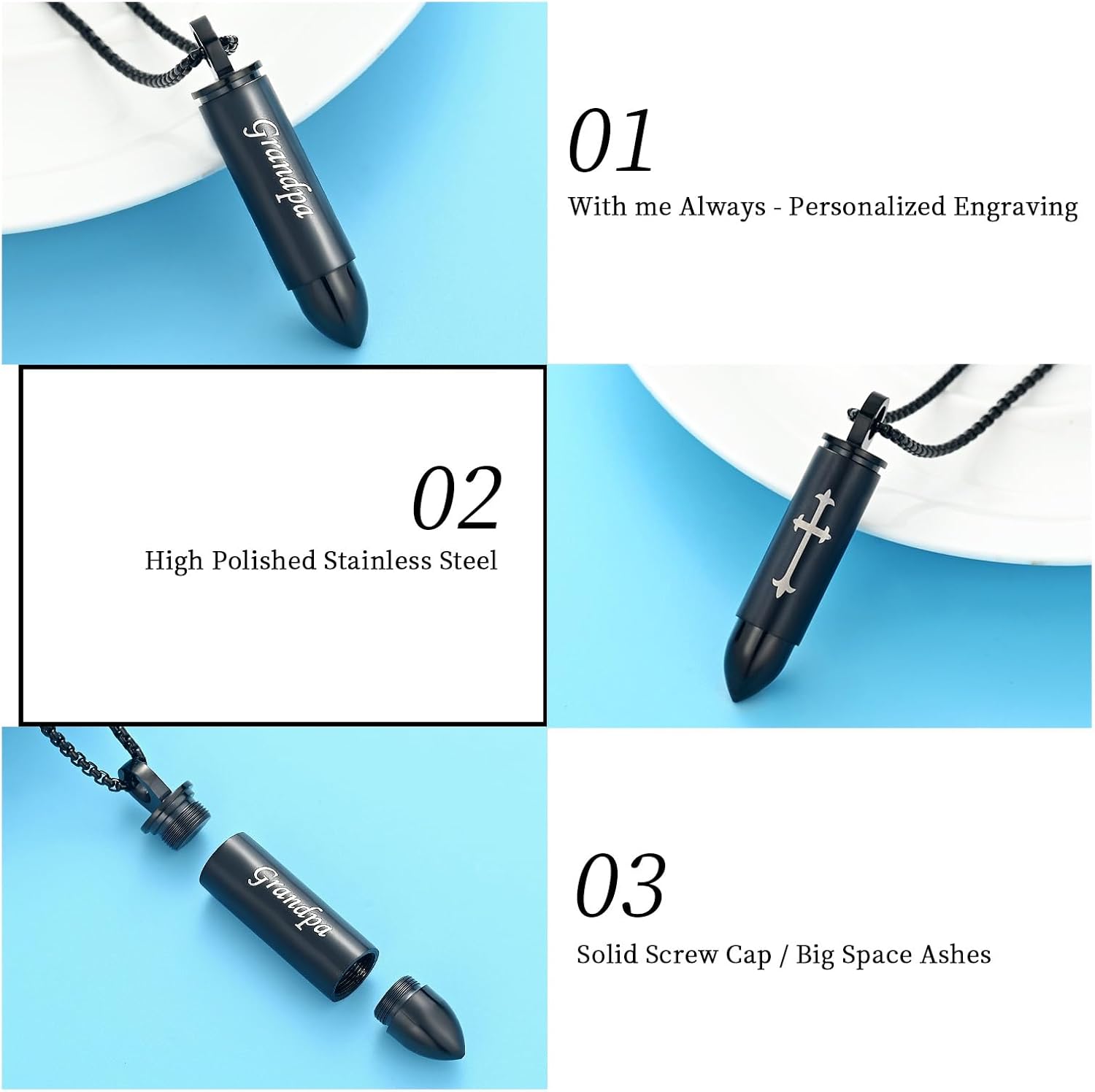 Oinsi Double-Side Engraving Cross &Mom/Dad/Son Keepsake Jewelry -Black Bullet Cremation Urn Necklace For Ashes - Image 3