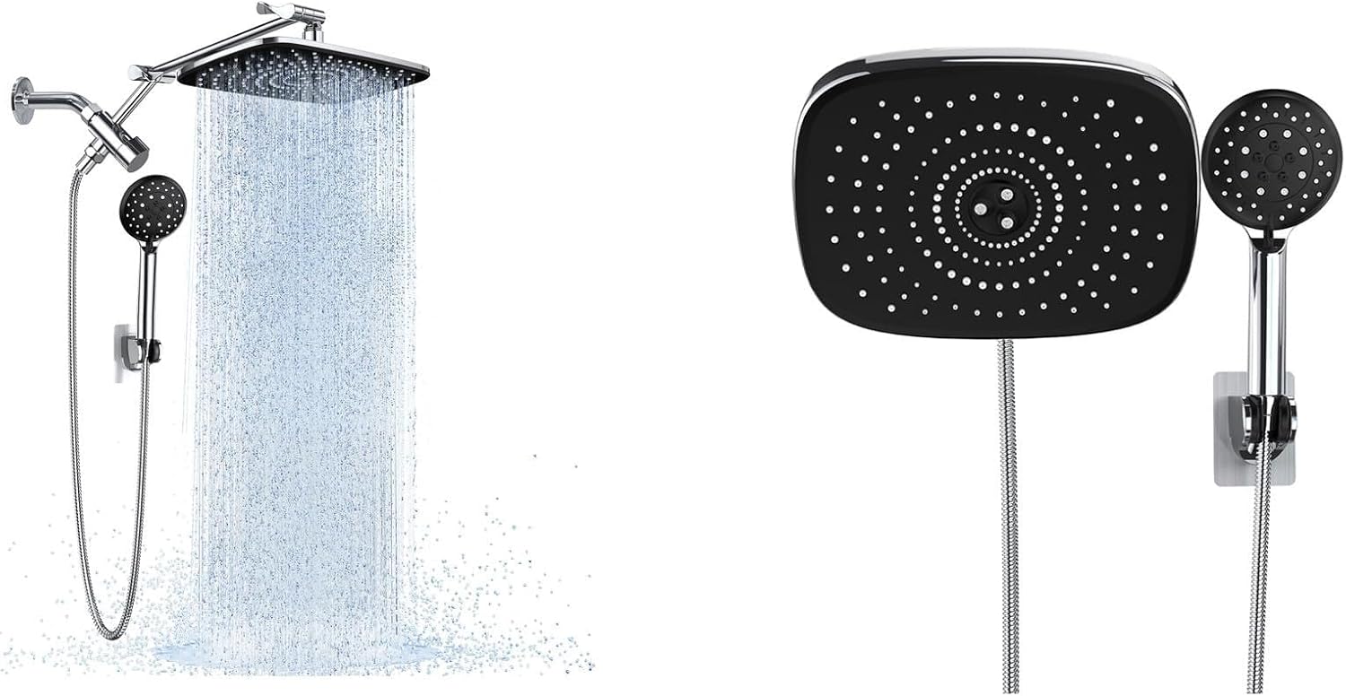 Veken 11.8" Rain Shower Head with Handheld with Arm (Chrome Silver) and Veken 10" Rain Shower Head with Handheld (Chrome Silver)