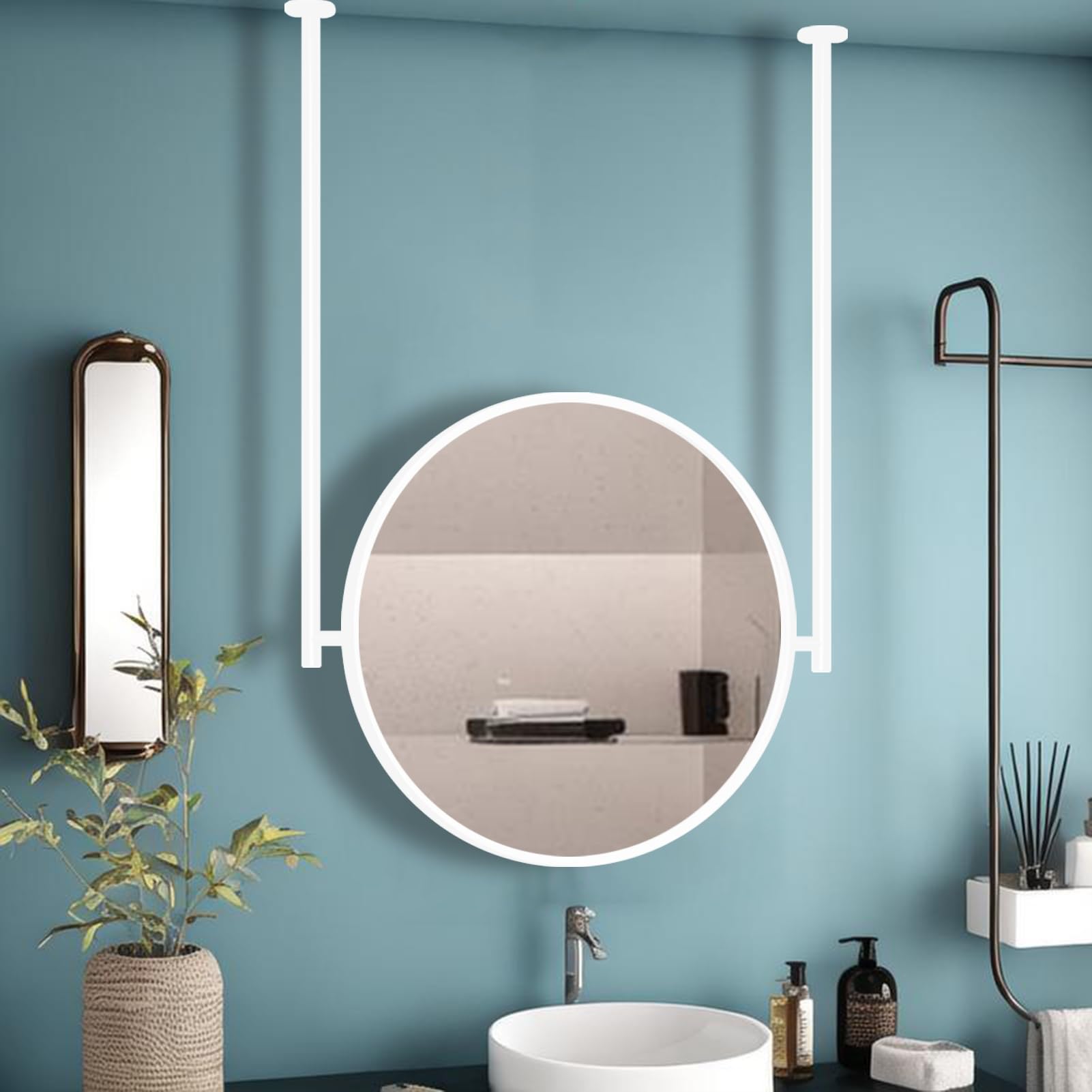 FGXHHS White Metal Framed Ceiling Hanging Mirrors, Round Bathroom Wall-Mounted Mirror, Customizable Rod Vanity Floating Makeup Shaving Mirror(Diameter-40CM/15.7INCH)