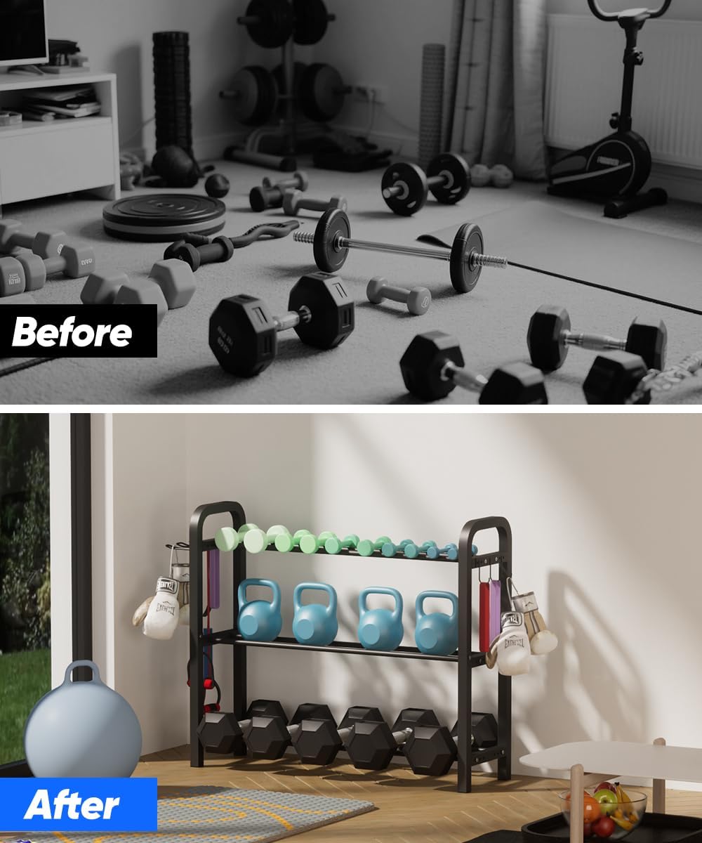 Adjustable Dumbbell Rack, Weight Storage Stand Holder for Dumbbells & Kettlebells, Heavy-Duty Home Gym Organizer with 6 Hook for Home Gym Equipment Accessories (Rack Only)
