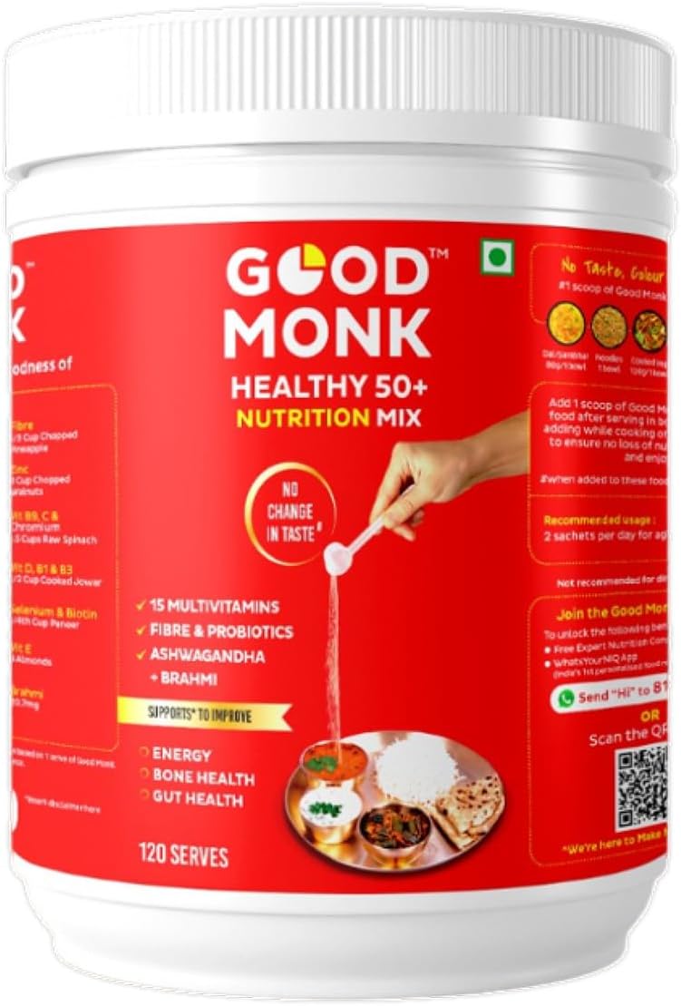 Good Monk Healthy 50+ Multivitamin for Senior Men & Women | For Energy, Bone & Gut Health | With Probiotics, Fibre, Ashwagandha, Vit. B12, C, D, Iron, Zinc | Add To Food - No Taste Change | 120 Serves Jar