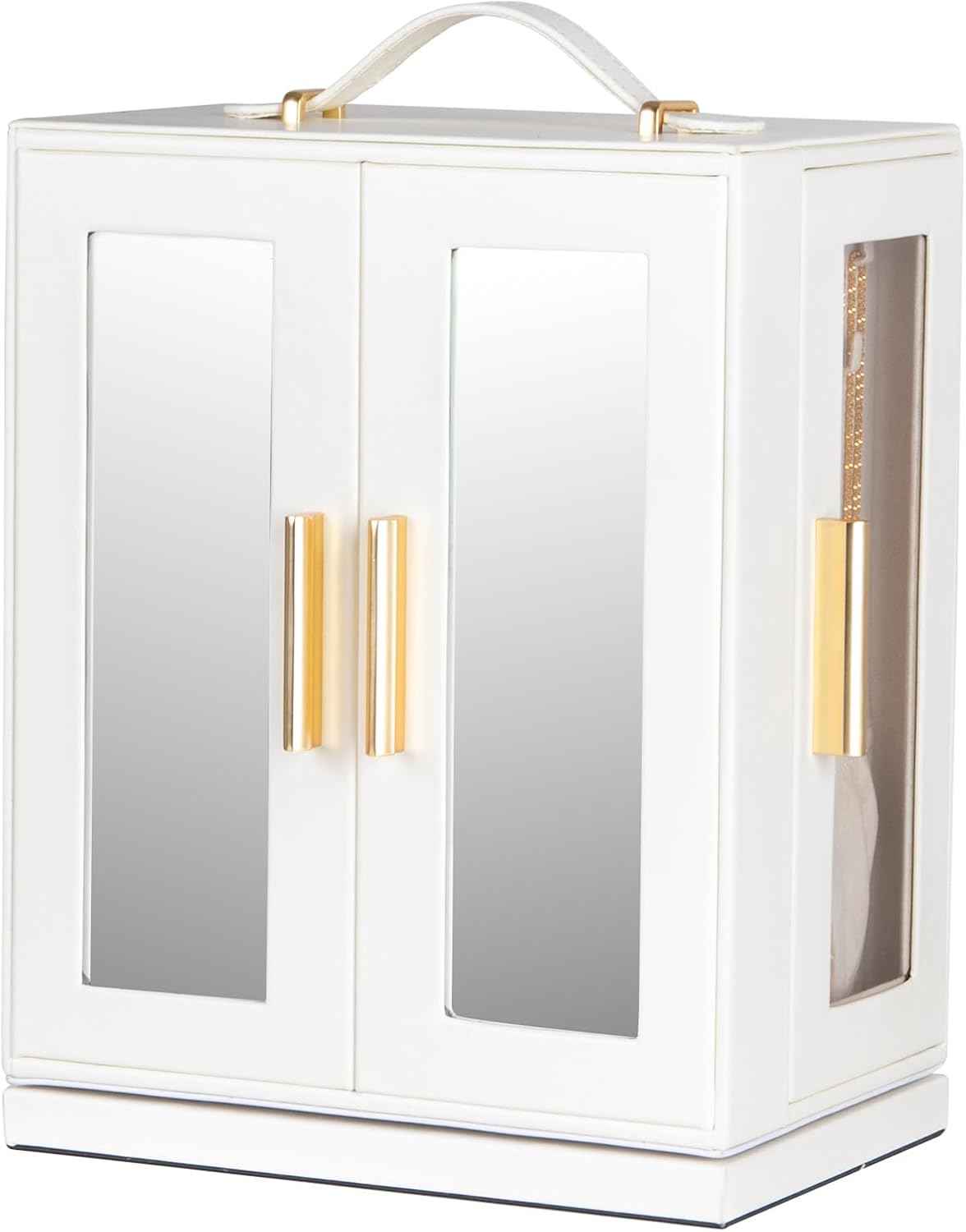 White MDF 360° Rotating Jewelry Storage Box with Glass Windows
