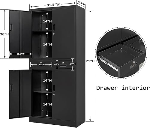 Miniatura 2 de BESFUR Armario de metal, armario de almacenamiento de garaje con cajones y estantes ajustables para garaje, oficina, aula, color negro