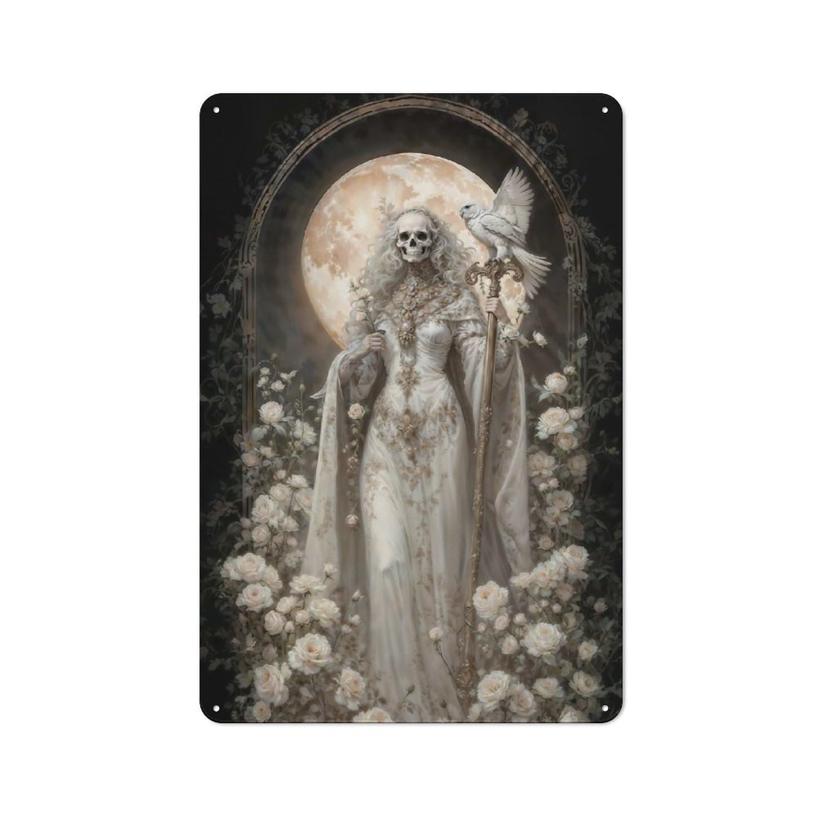 Junmoney White Santa Muerte With Owl And Roses Retro Tin Sign 30X20cm For Living Room Or Hallway, Gift For Living Room Decor Lovers During The Christmas Season