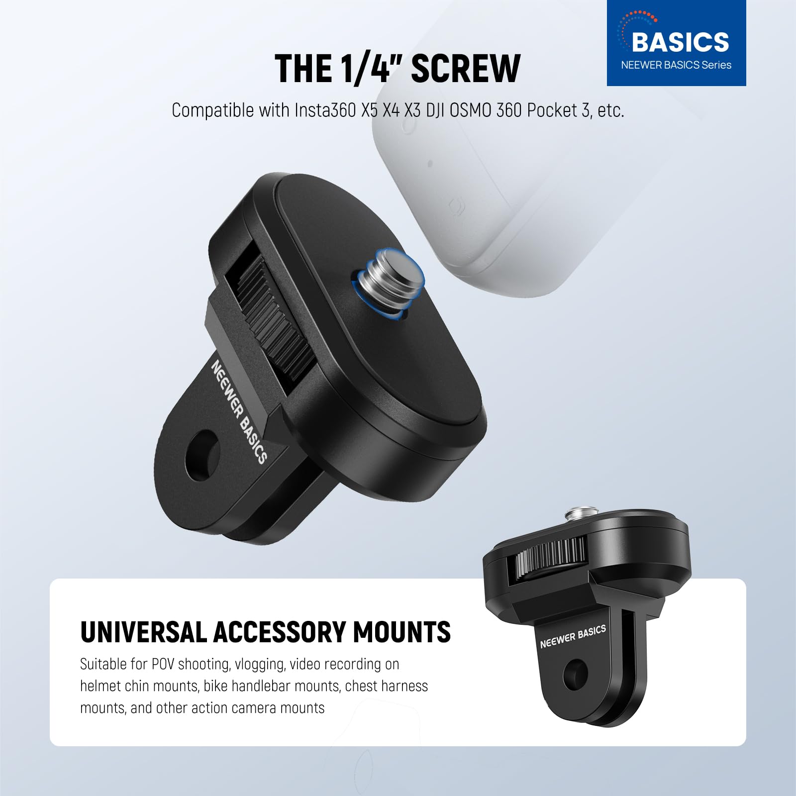 NEEWER 3 Pack Statyw Mocowanie Adapter Zestaw Kompatybilny z Insta360 Dji OSMO 360 Pocket 3 Action Camera dla POV Nagrywania Wideo, 1/4"-20 do 2 Kołki Śruby Konwersja Części Akcesoria, GP-92