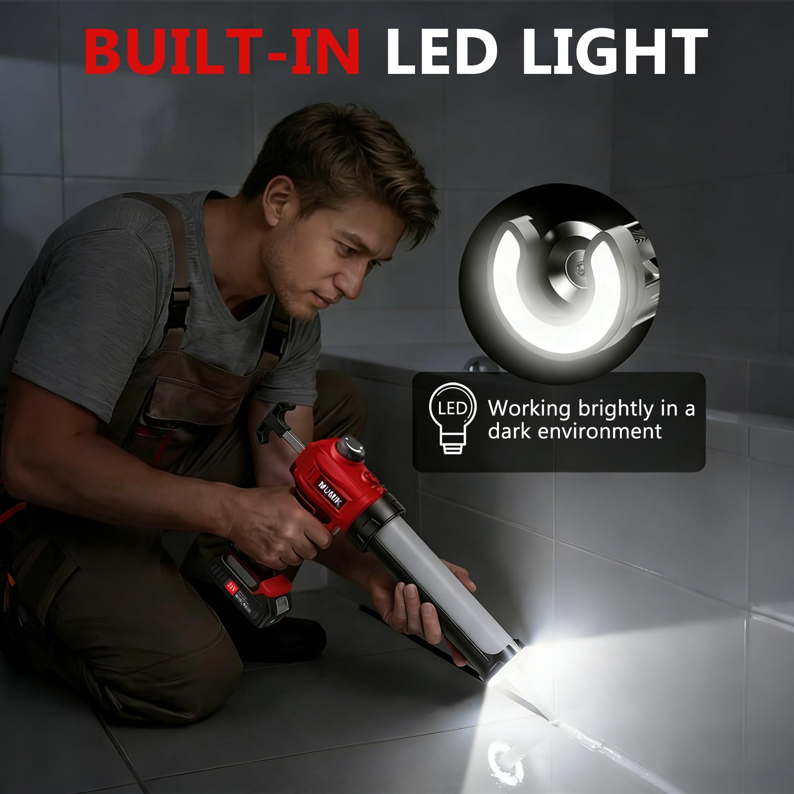 Pistolet Silicone Electrique, Pistolet a Cartouche Electrique Compatible Makita Batteries 18-21V, Variateur de Vitesse Progressif, Lumière LED, Pistolet à Silicone Sans Fil pour Cartouches 300ml