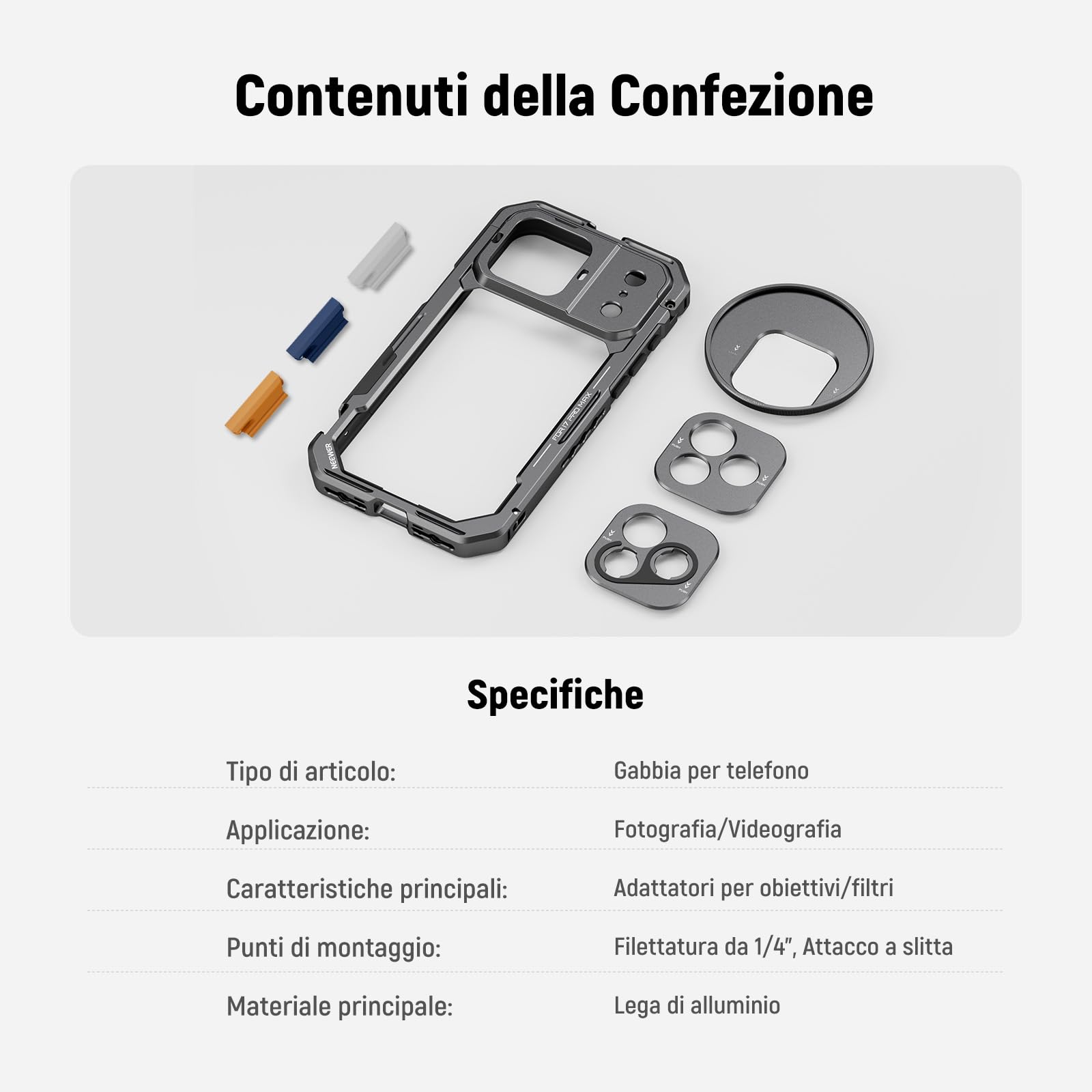 NEEWER Phone Cage Compatibile con iPhone 17 Pro Max, Accessorio Stabilizzatore Video Rig con Anello Filtro da 67mm, Backplate Lenti da 17mm, Adattatore T Mount, 4 Tappi di Controllo, PA144 (Nero)
