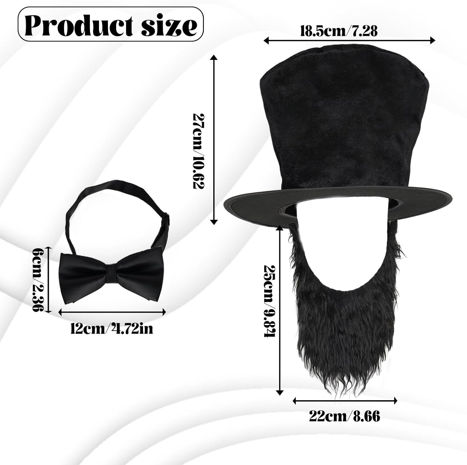 3Pcs President Costume Set for Adults Black Top Hat with Beard and Bowtie Set for Patriotic Party President Day Costume for Men Women Presidential Cosplay Kit for Halloween Outfit