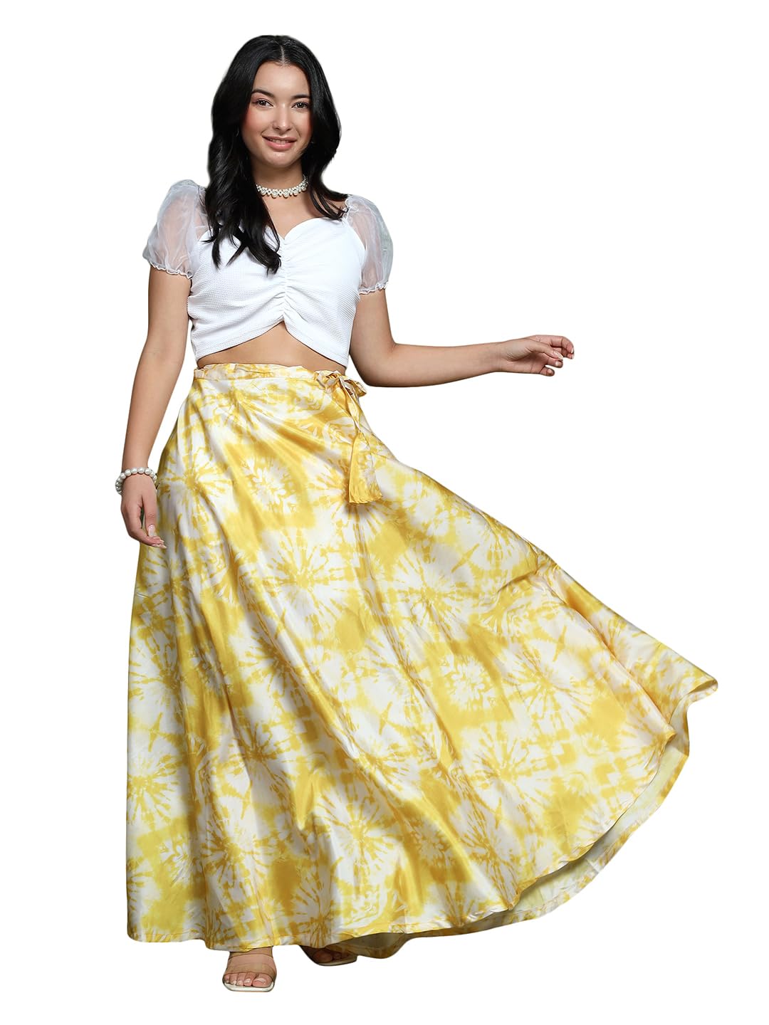 Frolic Rolic White Knitted Blouse & Yellow Tie Dye Silk Skirt Set-image-24