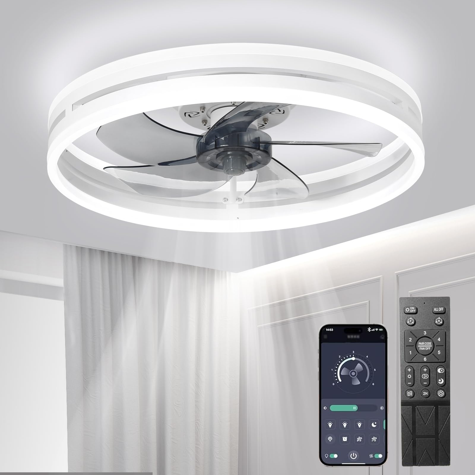 Leise Deckenventilator Mit Beleuchtung 72W Dimmbare Deckenleuchte Mit Fernbedienung Und APP 6 Geschwindigkeiten Lampe Mit Ventilator Timer Deckenventilatoren Schlafzimmer Wohnzimmer Licht (Weiß,50cm)