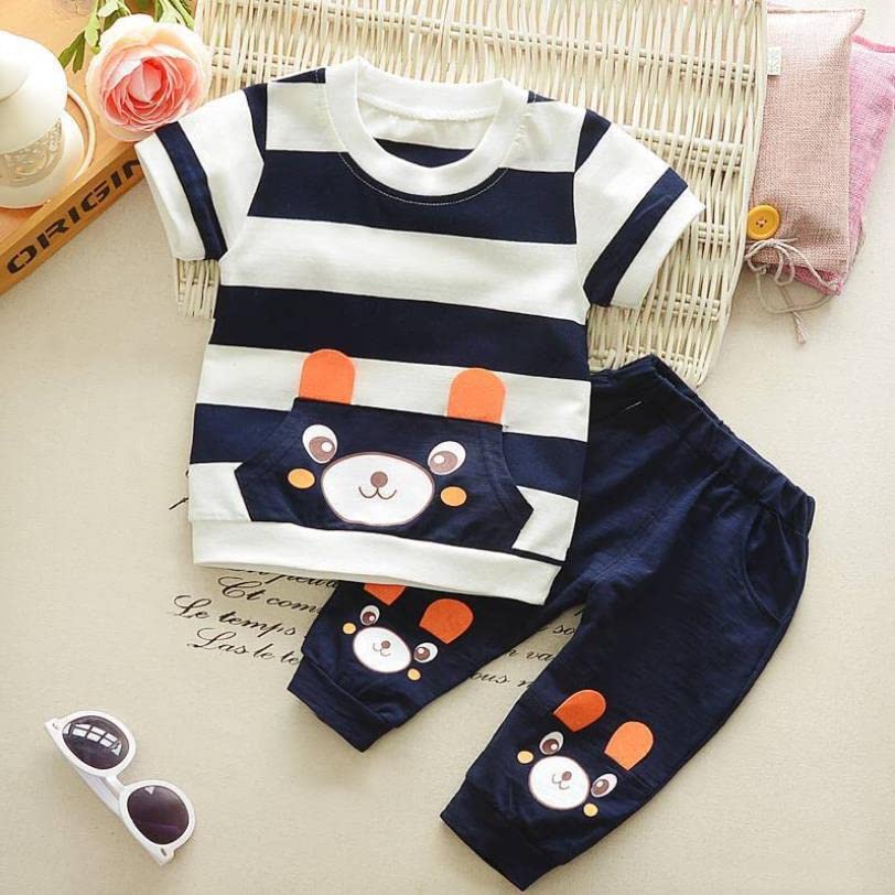 Image of Bold N Elegant Kids Cartoon Stripe Print Cotton Cute Half Sleeve T-shirt and Shorts Clothing Set for Infant Toddler Baby Boy Girl