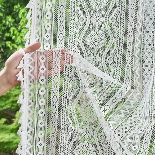 Image of MYSKY HOME White Lace Sheer Curtains 84 Inch Long 2 Panels Vintage Floral Bohemian Crochet Geometry Striped Light Filtering Privacy Rod Pocket Drapes with Tassels for Living Room Bedroom, 55 inch Wide
