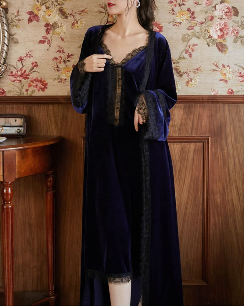 DAIHAN Mujer Conjunto de Pijama Victoriano Palace Manga Larga Camisones de Encaje Camisón Largo Invierno Bata de Dormir de Terciopelo y Vestido Lencero Traje con Ribete de Encaje