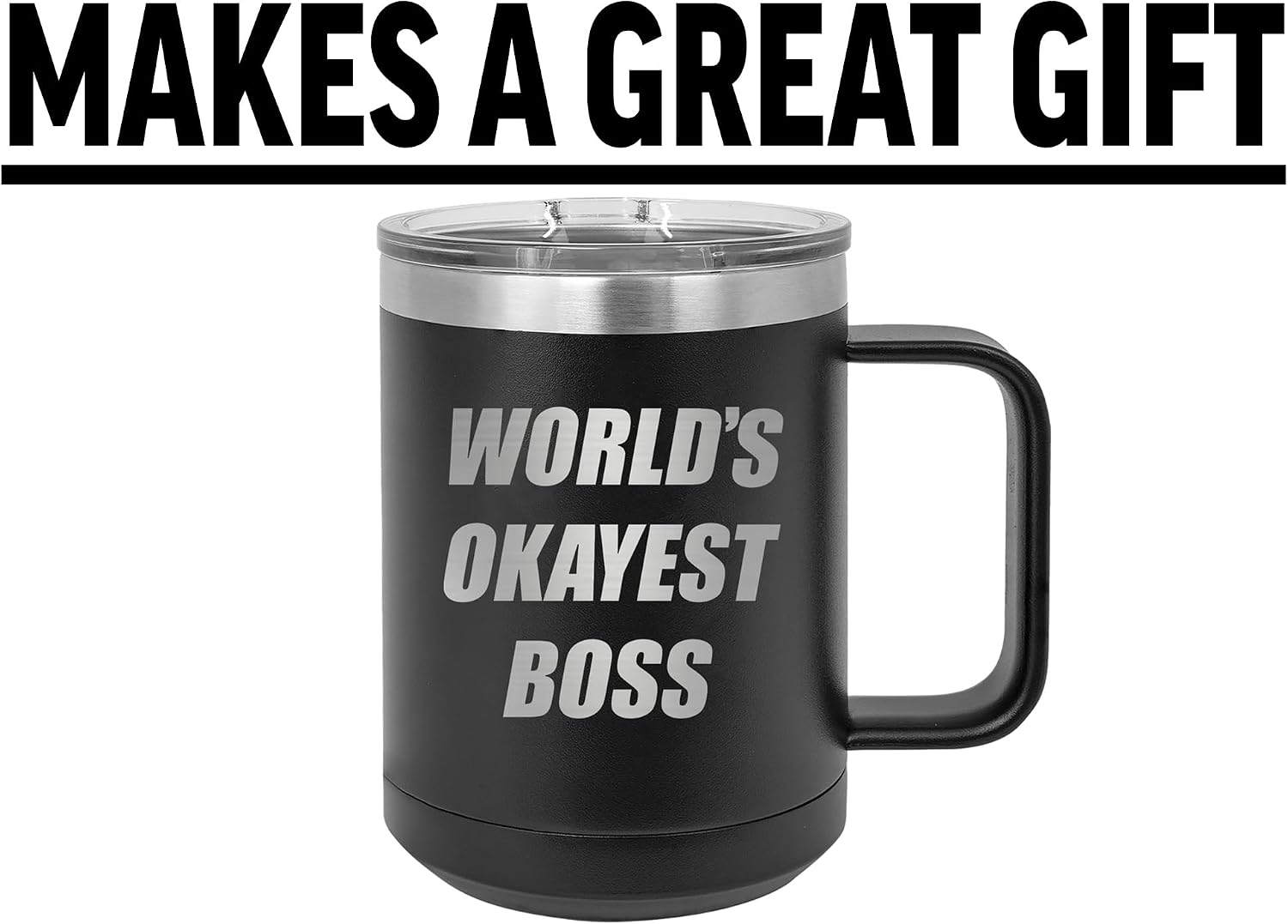 Rogue River Tactical Sarcastic Funny Heavy Duty Stainless Steel Black Coffee Mug Tumbler With Lid World's OKayest Boss Joke Novelty Cup Great Gag Gift Idea For Boss Supervisor