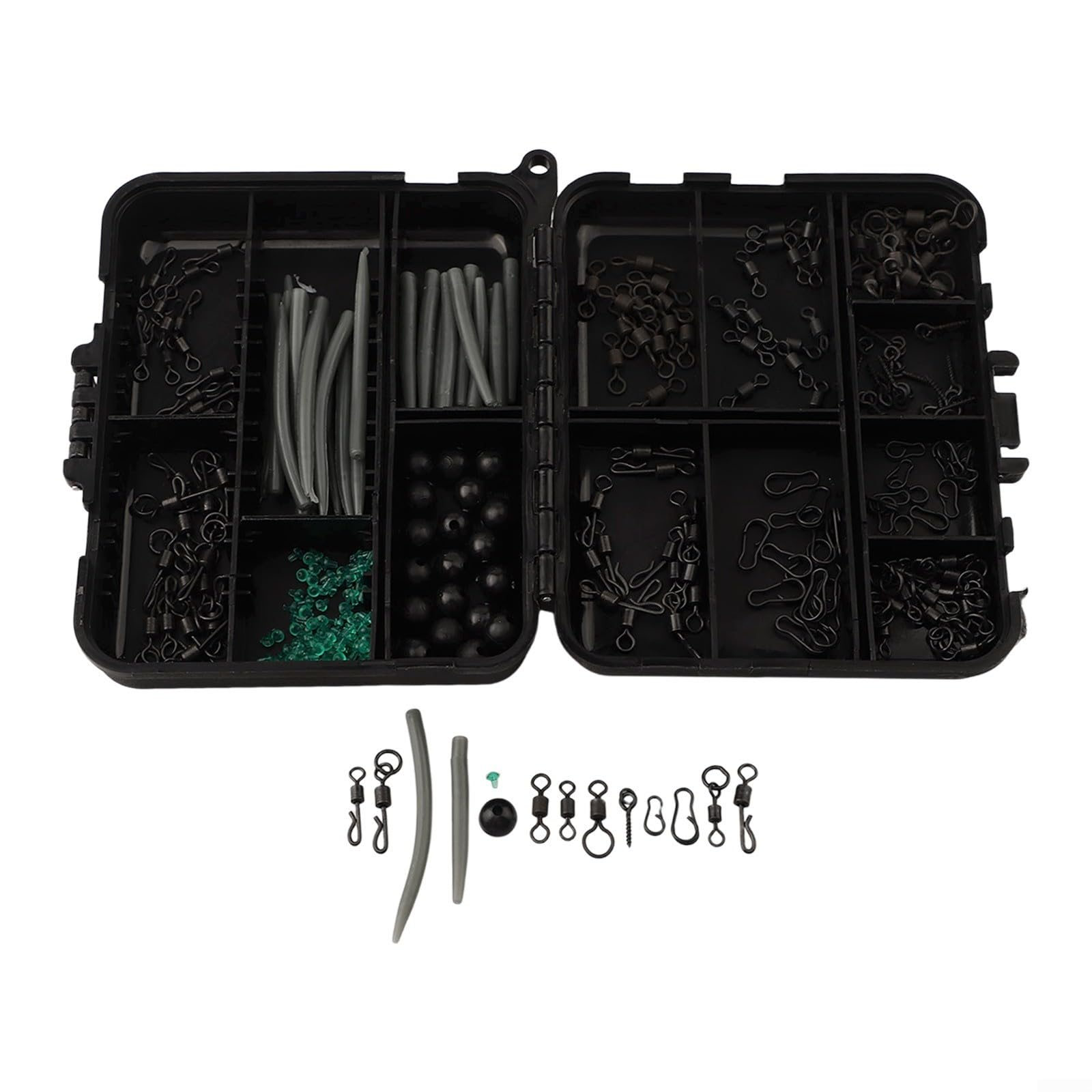 300pcs Carp Fishing Tackle Box Set with Hooks Swivels Clips Snaps Terminal Rigs Kit for Freshwater Bass Trout Chub Rock Fishing in Sturdy Plastic Case
