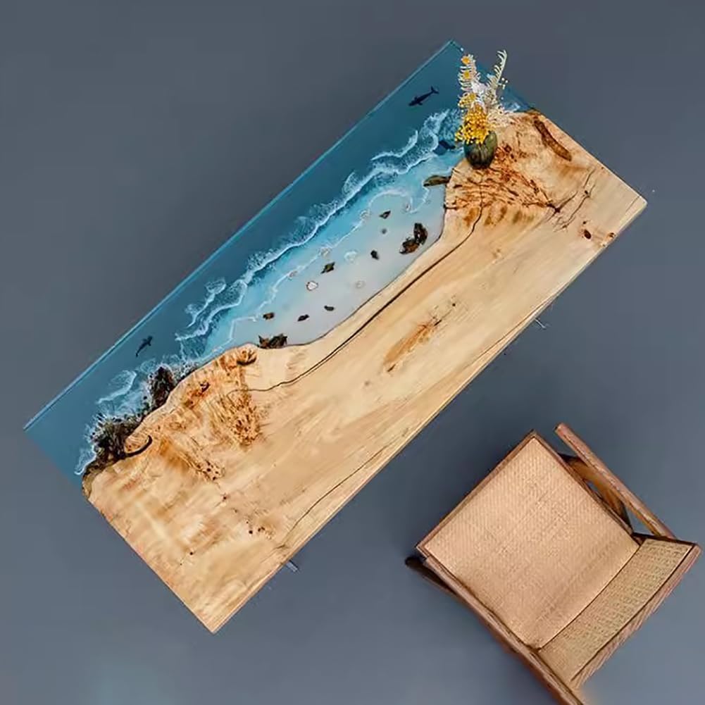 Personalized Large Epoxy Resin Table, Dining Table for 2-4 People with River Ocean Countertop, Natural Wooden Desk, Living Room Side Table, Rectangular Kitchen Dining Table,CL140×H60CM