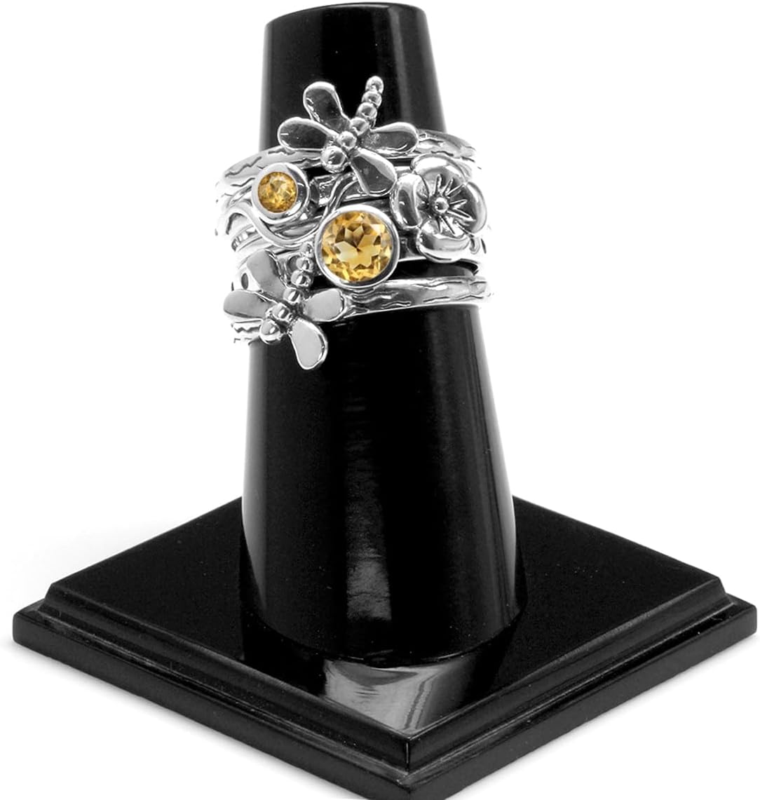 Silvershake Set of 4 Round Shape Gemstone Antique Finishing or Yellow Gold Plated 925 Sterling Silver Dragonfly and Flower Stackable Rings Jewelry for Women Multiple way of Wear