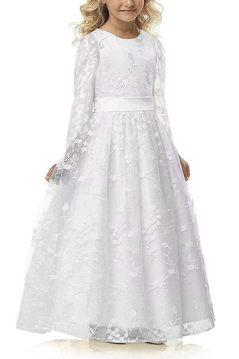 Aibaowedding Chic Lange Kinder Kommunionkleid Sommerkleider aus Besticktem Tüll mit Satin Gürtel/Boho A-Linie Brautjungfern Kleider Blumenmädchenkleider für Mädchen 2-12 Jahr