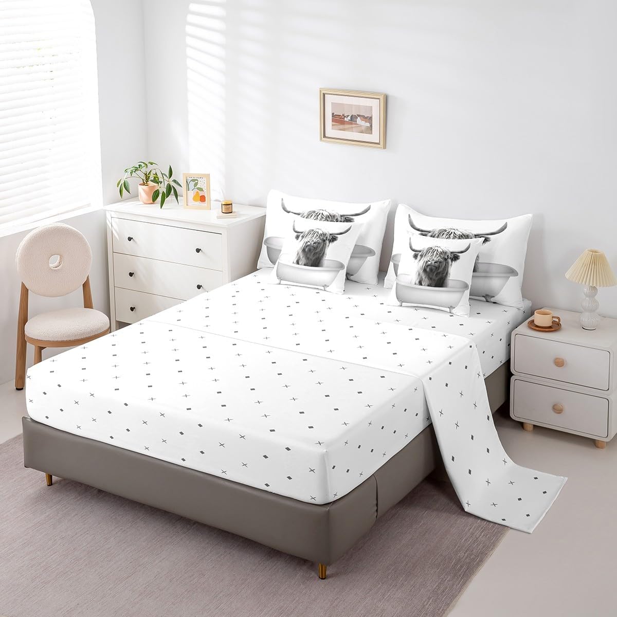 Erosebridal Highland Cow Bedding Set Queen, Rustic Farmhouse 7 Pieces Bed in A Bag - 1 Country Animals Comforter, 1 Bull Cattle Fitted Sheet,1 Flat Sheet, 2 Pillow Cases, 2 Throw Pillow Covers