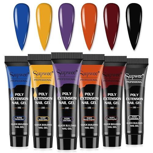 SUPWEE Juego de gel de uñas de polietileno con purpurina  Kit de gel de extensión de uñas de 6 colores, blanco, azul, rosa, juego de gel constructor