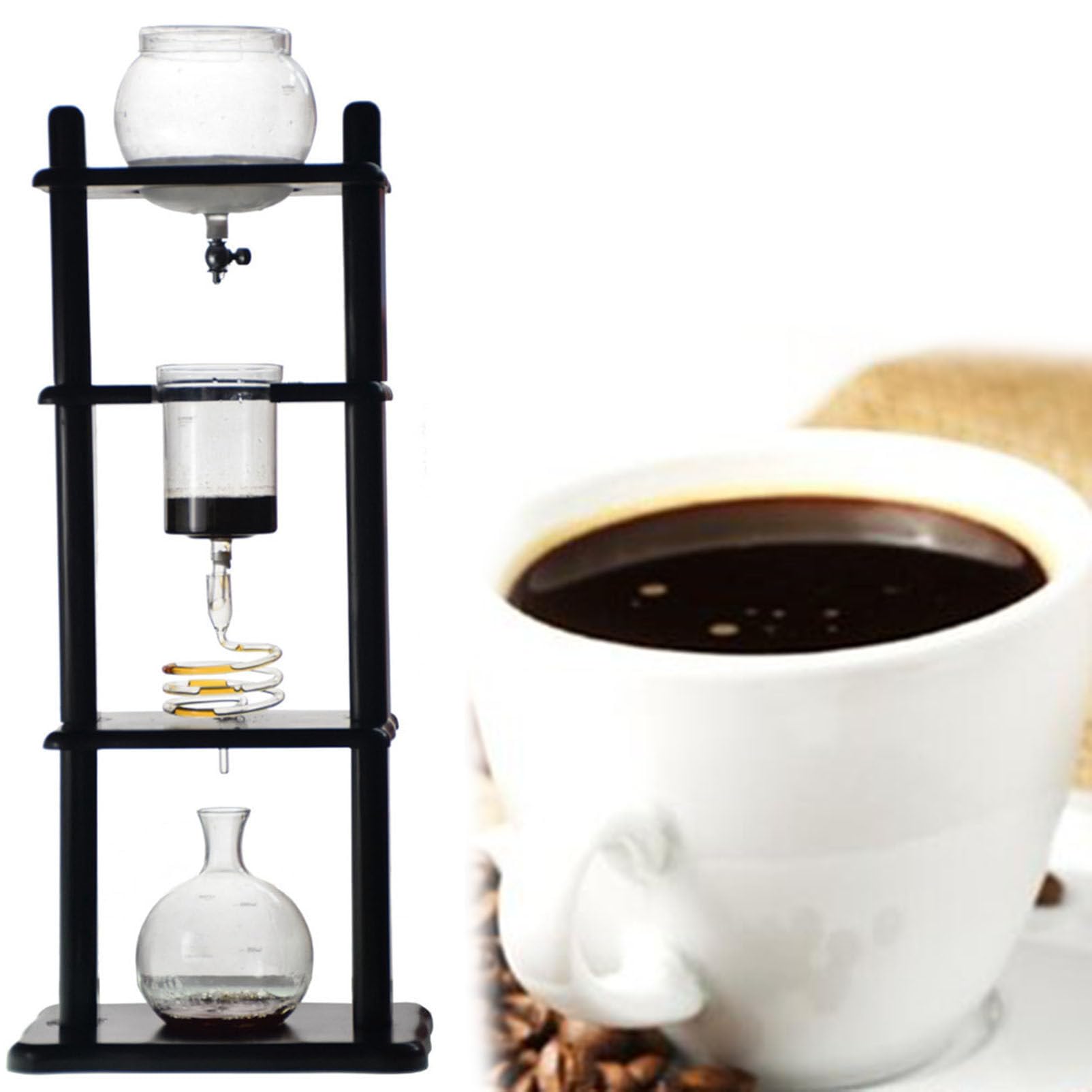 Cafetera fría con recipiente de vidrio y soporte de madera, prepara de 5 a 8 tazas para uso doméstico y de oficina