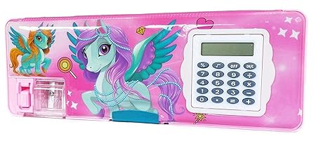 GLOW FIRST Unicorn Pencil Box 1 Pcs Calculator Geometry, calci Geo, Dual Sharpener with Calculator, Double Sided Stationary Box for Girls & Boys Art Plastic Pencil Box ND22 (Random) (Pink)