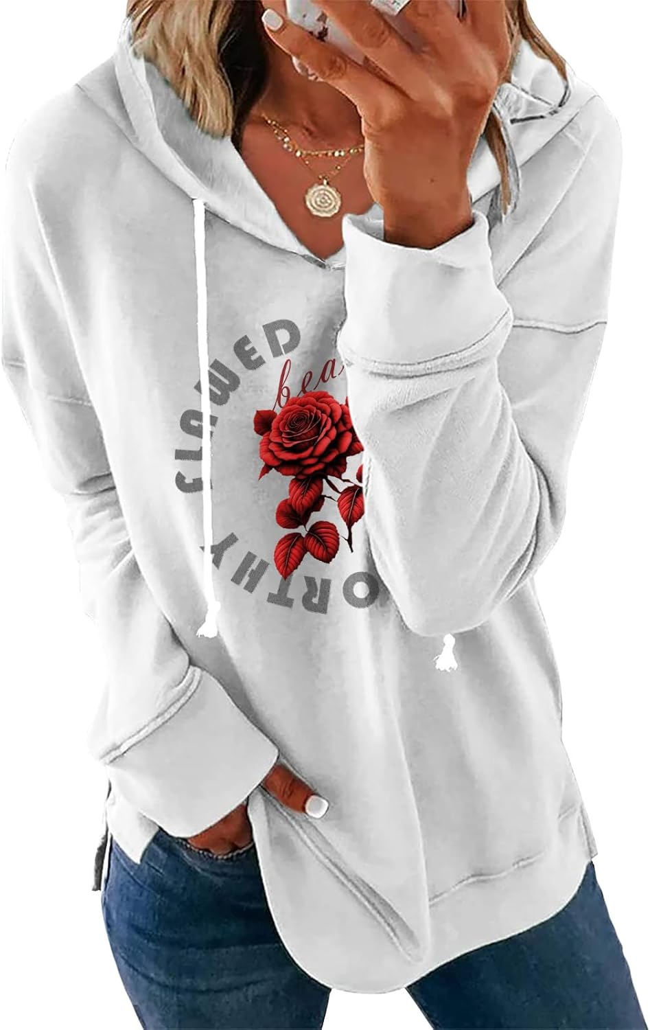 Womens Casual Loose Fit Pullover Sweatshirt with Artistic Print Drawstring Hood Long Sleeve Cotton Blend for Fall