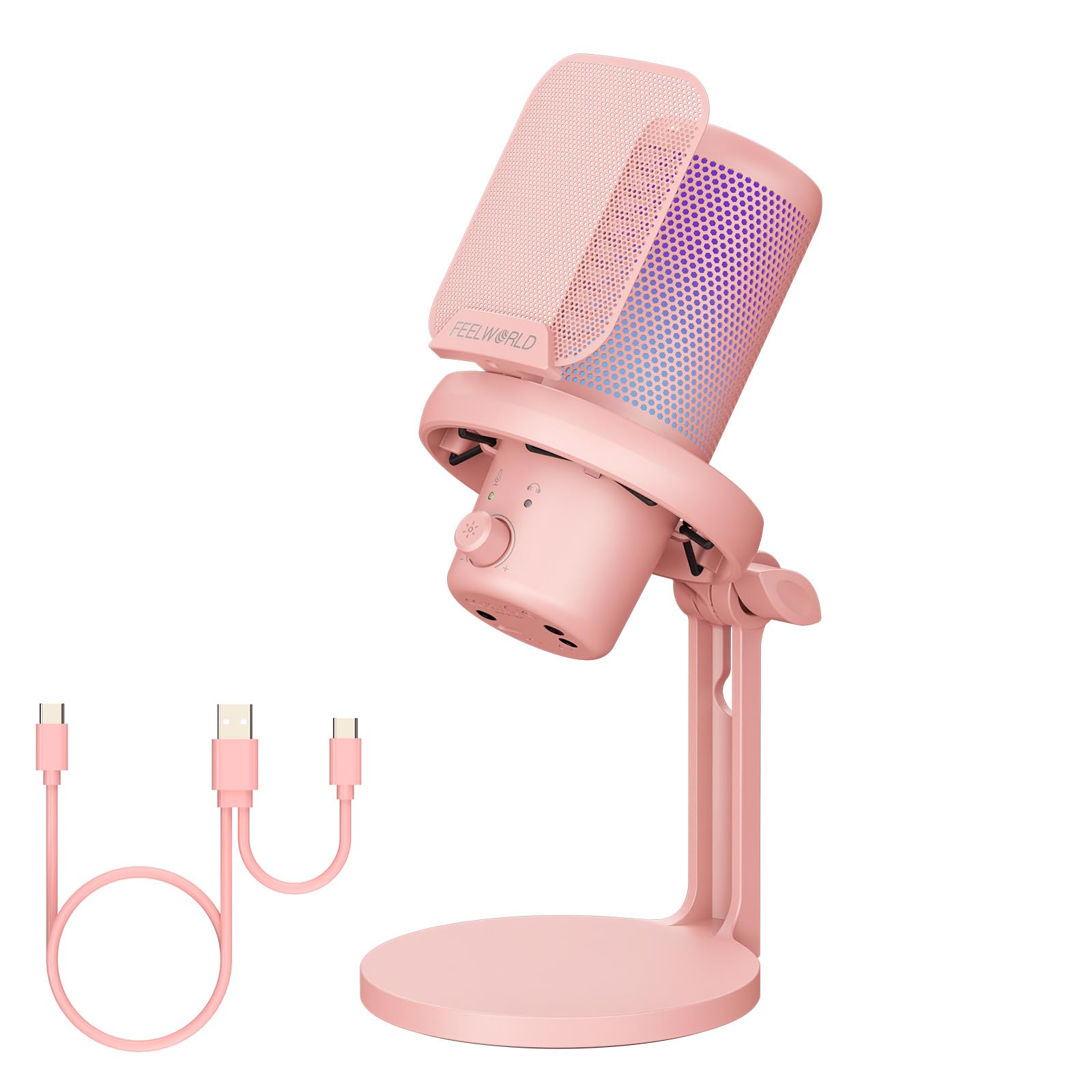 FEELWORLD VM1 USB-Gaming-Mikrofon für die Aufnahme von Podcasts,Pink Formfaktor,Studio PC Mikrofon mit Stummschaltung,Rauschunterdrückung,RGB-Licht,Anti-Spray-Mesh, Desktop-Ständer