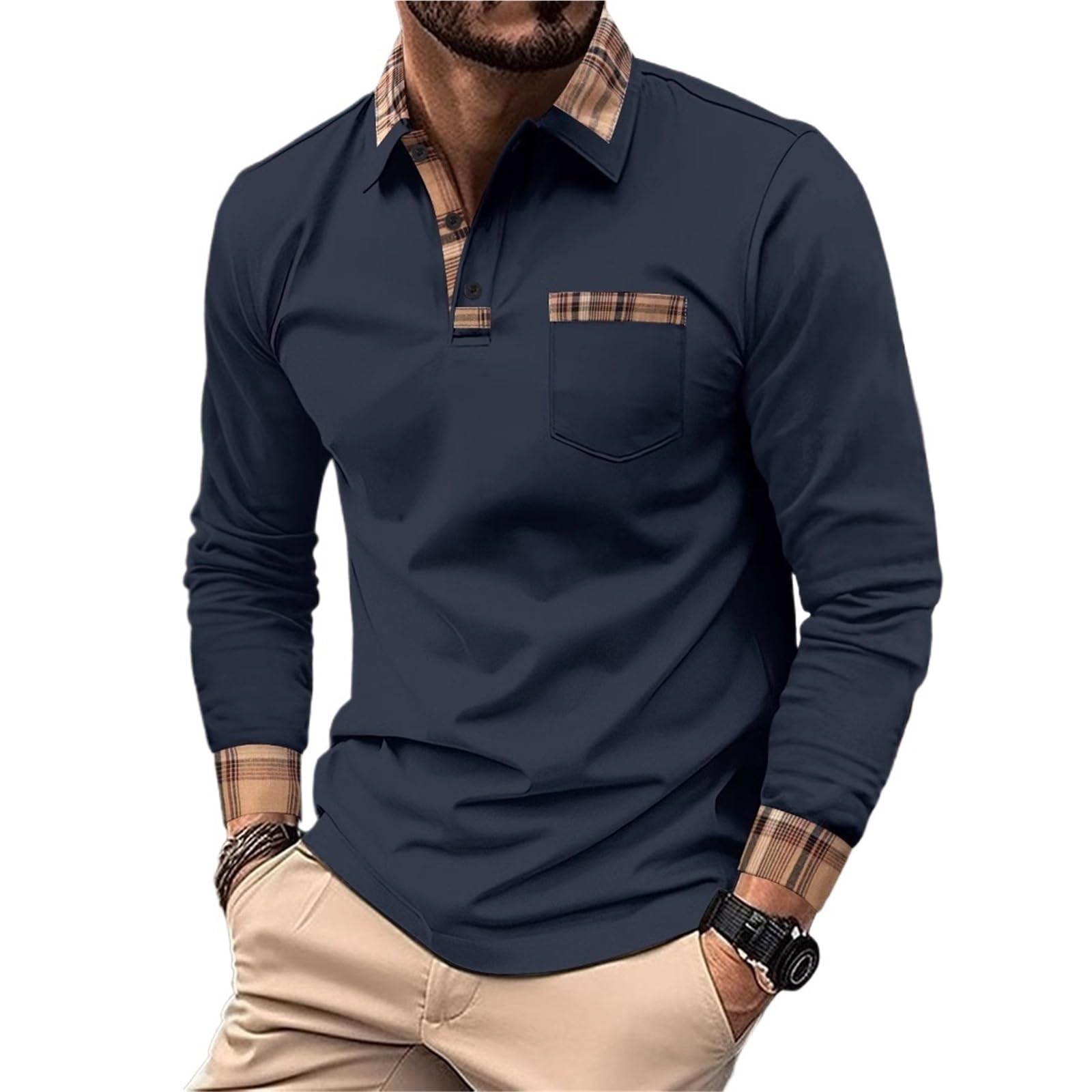 Polo Hombre Polo Informal de Manga Larga con Solapa a Cuadros for Hombre, Camisa Polo cómoda for Fiesta y Exteriores, Primavera otoño para el Verano