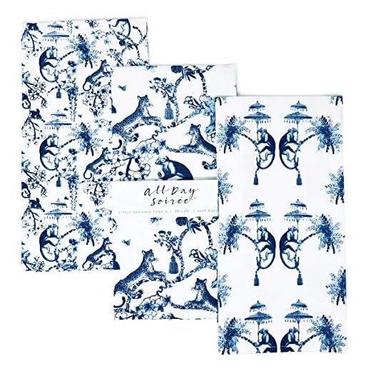 Chinoiserie Designer Kitchen Tea Towels 3 Pack 100% Absorbent Cotton Tiger Monkey Floral Hand Towel Large Dish Cloth Set Blue White