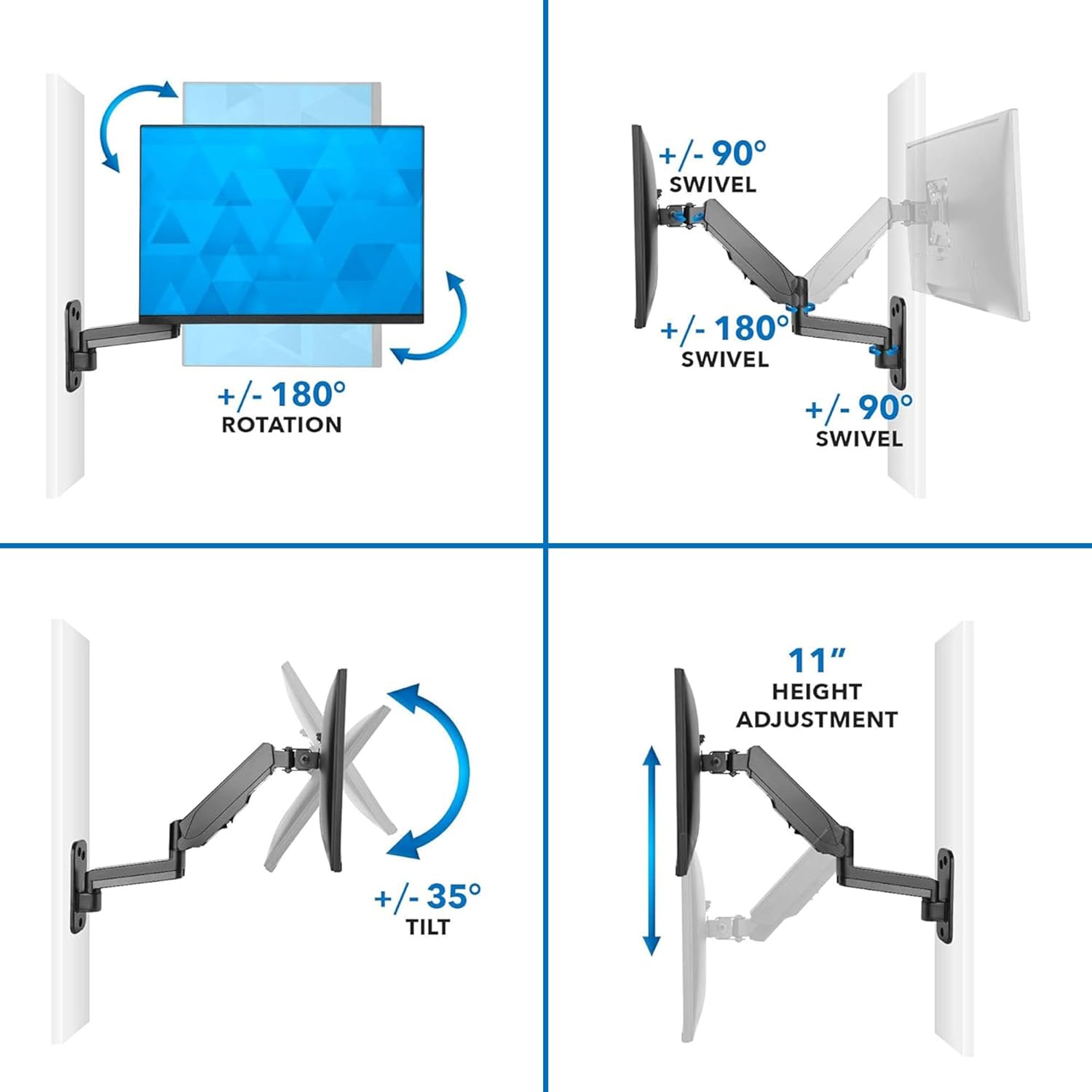 Mount-It! Monitor Wall Mount with Full Motion Gas Spring Arm | Height Adjustable Bracket for Flat Panel Screens Up to 32" | Fits VESA 75 and 100, 17.6 Lbs Capacity, Black