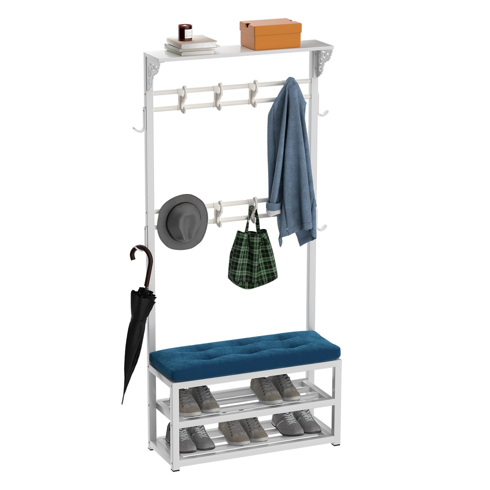 FGXHHS Hallway Coat Rack with Bench & 2-Tier Shoe Shelves, Metal Free Standing Hall Tree Hooks, Top Storage, 100kg Load Capacity for Entryway Bedroom nization