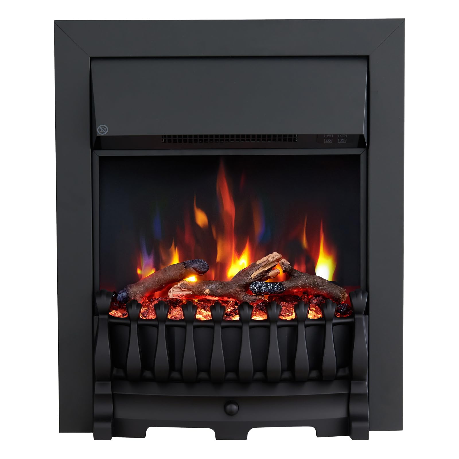 FLAMEKO Verona 16 inch Inset Electric Fire, Blenheim Fret, Black Trim | Fits a standard 16 inch fireplace opening, 2kW Heater (1kW/2kW), 9 Flame Colours, Log Set & Black Chips, Remote Control