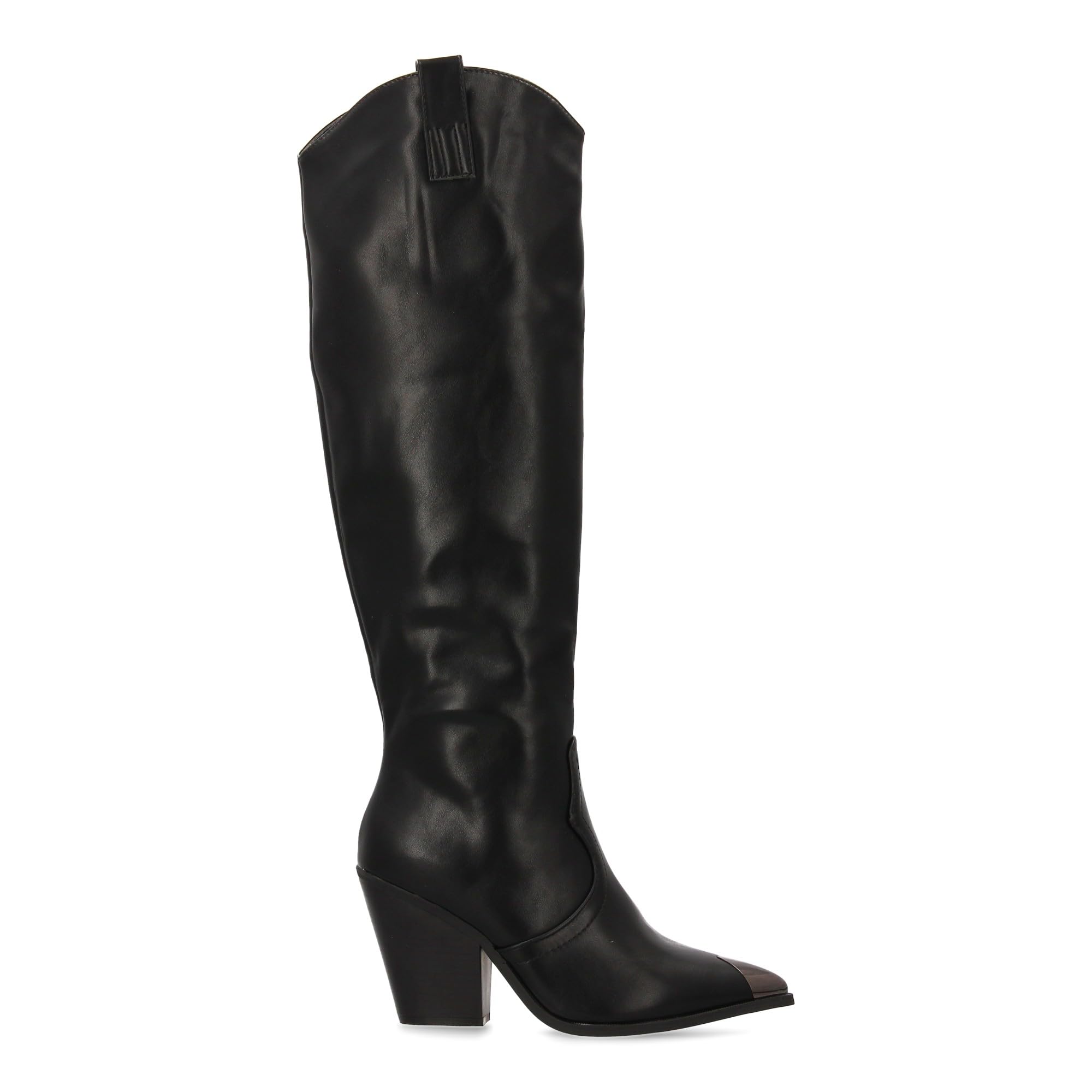Botas Altas con Tacon para Mujer. Diseno Elegante, Estampado Liso, Punta Metalica, Tacon Comodo y Cierre de Cremallera. Ideal para la Temporada Otono Invierno.