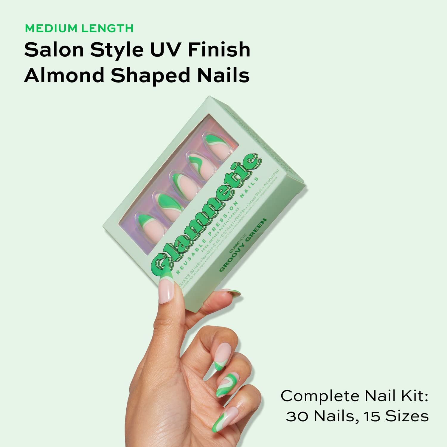 Amazon.com: Glamnetic Press On Nails - Groovy Green | Glossy, Opaque Medium  Almond Nails, Reusable | 15 Sizes - 30 Nail Kit with Glue : Beauty &  Personal Care