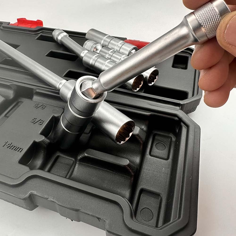 Lecreatekit 5-teiliges drehbares Zündschlüssel-Set, magnetische dünnwandige Verlängerungsschlüssel für Automobil, Motorrad, Chrom-Vanadium-Stahl, 14 mm, 9/16 5/8