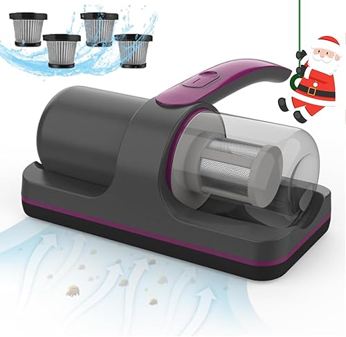 Madebut Aspiradora de cama, potente aspiradora de colchón de 12 Kpa con 4 filtros, aspiradora de sofá profundo de 2 velocidades con luz morada,
