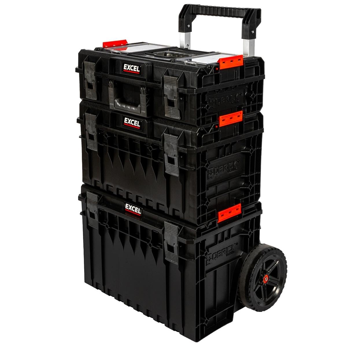 Excel Heavy Duty Modular Stackable Tool Box with Wheels, 3 Piece Rolling Tool Storage System, Lockable Mobile Tool Chest with Portable Organiser for Garage, Workshop, Home & Professional Use