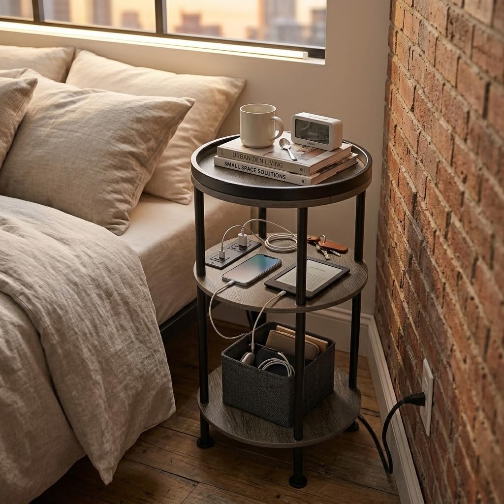 Small Round Side Table with Charging Station for Small Spaces, 3-Tier Accent Table with USB Ports & Power Outlets, Sofa Corner Tea Table for Living Room Nightstand Bedroom Apartment (Grey)