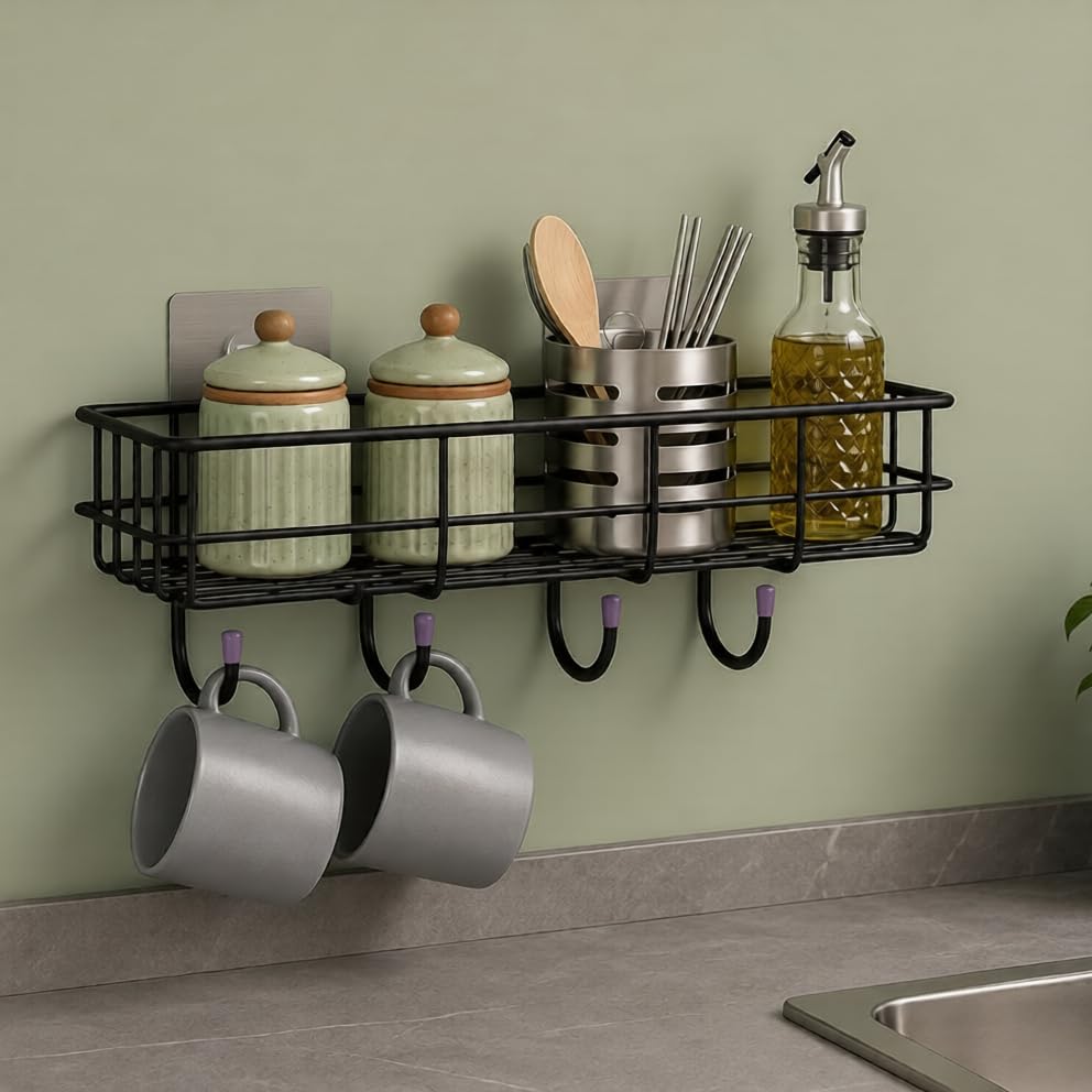 Image of NAMUVA Stainless Steel Bathroom & Kitchen Shelf with 4 Hooks | Self Adhesive Wall Mounted Organizer Rack Black Rust Proof Storage Drill Free Space Saving Holder for Bathroom Home - Pack of 1 CED