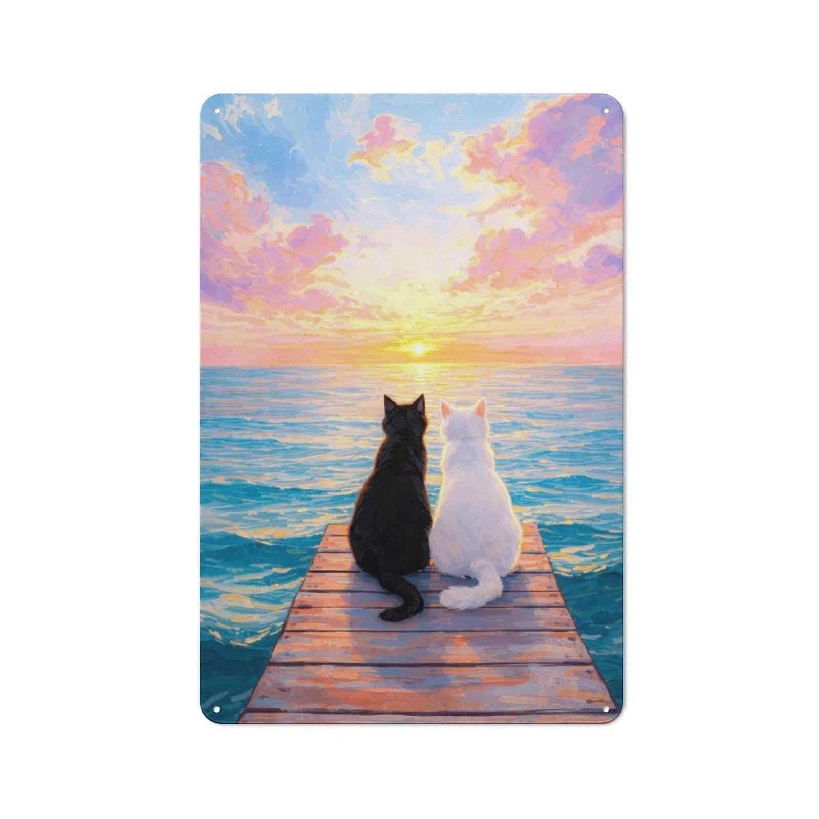 Junmoney Style-16 Metal Sign 30X20cm With Two Cats Watching A Sunset For Hallway Wall, Retro Decor, Gift For Hallway Decor Lovers During The Christmas Season