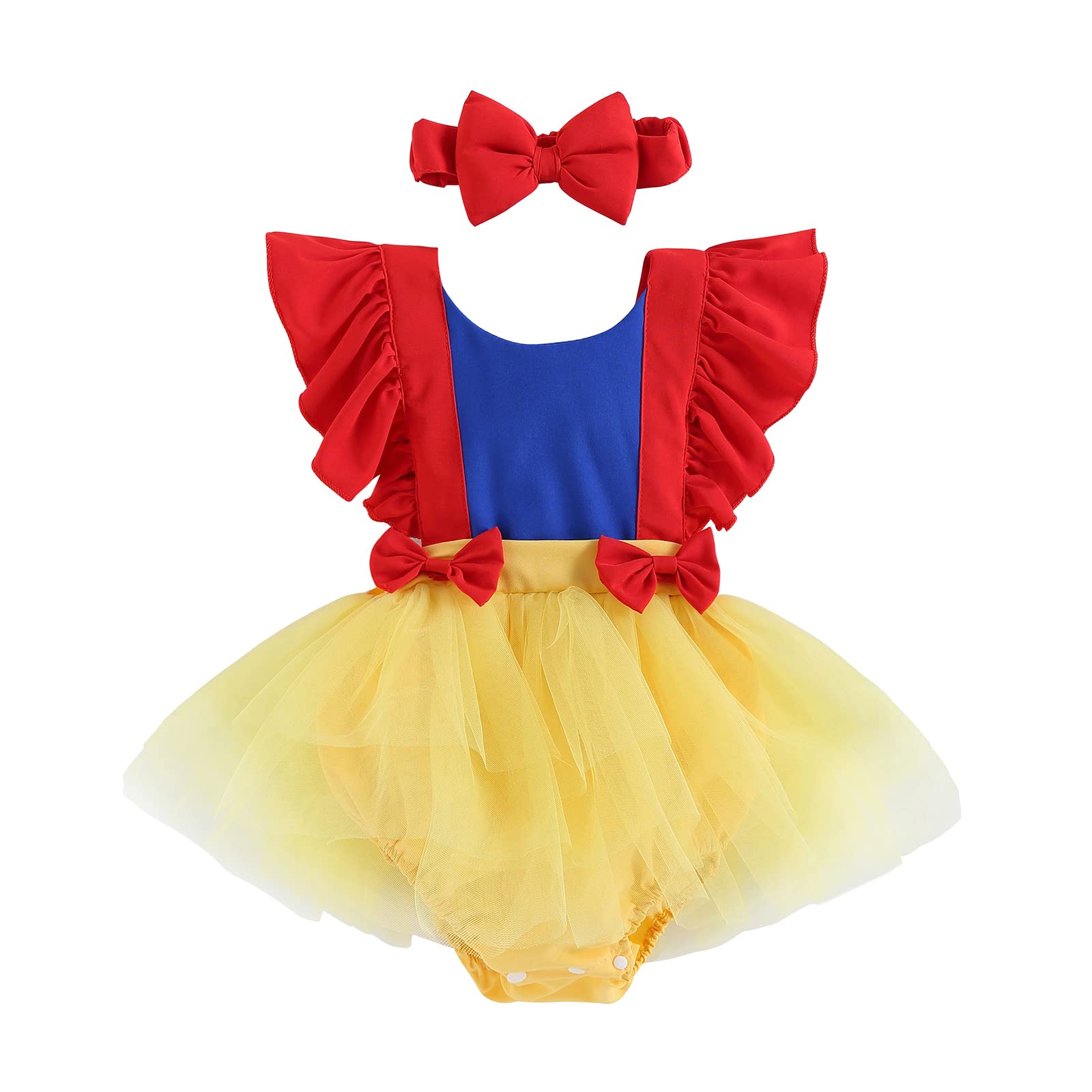 VISGOGO Newborn Baby Girls Romper Sleeveless Dress Infant Tops Shorts Summer Clothes Headband (Red Blue Yellow, 12-18 Months)