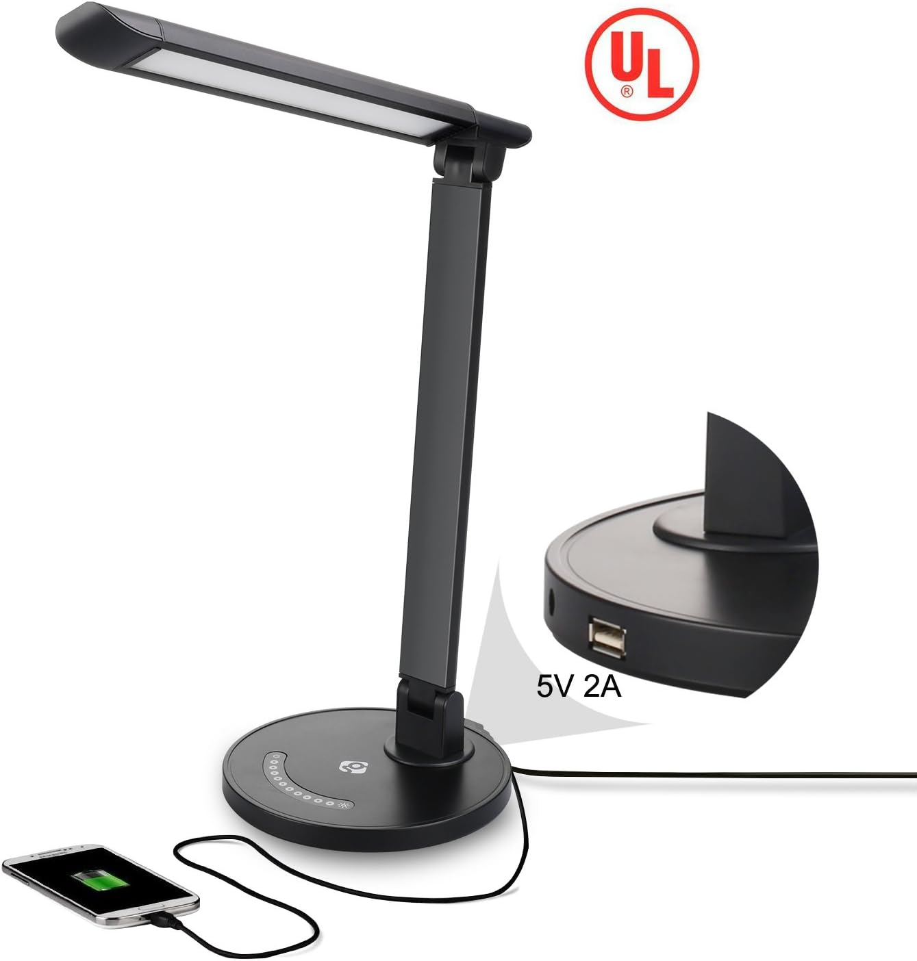 Geega Dimmable Eye-Care LED Desk Lamp LCD Calendar/Clock/Thermometer 3 Lighting Models 5-Level Dimmer Touch Control, 5V/2A USB Charging Port Piano ¡­