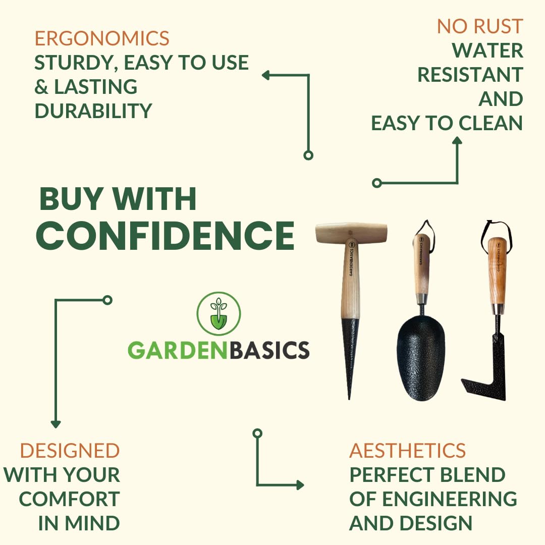 GARDENBASICS 3 PCS Gardening Tools Kit for Home Garden | Rust Proof Garden Tool Set | Heavy Duty | Wooden Handle | Farming Tools for Indoor & Outdoor Use | Potting Soil Scoop, Patio Weeder & Dibber